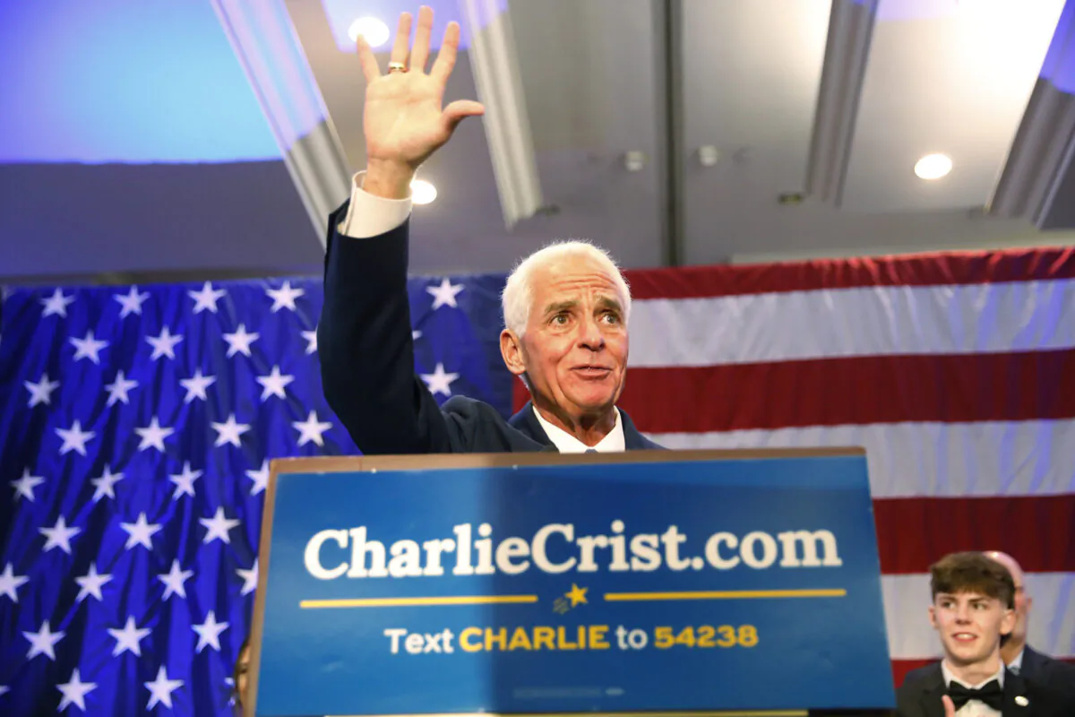 Florida Gubernatorial candidate Rep. Charlie Crist (D-Fla.) gives a victory speech after defeating gubernatorial candidate, Commissioner of Agriculture Nikki Fried in the primary election at the Hilton St. Petersburg Bayfront in St Petersburg, Fla., on Aug. 23, 2022. (Octavio Jones/Getty Images)
