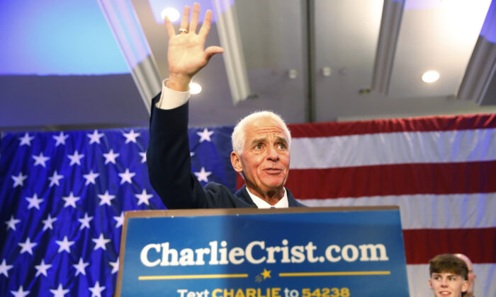 Florida Gubernatorial candidate Rep. Charlie Crist (D-Fla.) gives a victory speech after defeating gubernatorial candidate, Commissioner of Agriculture Nikki Fried in the primary election at the Hilton St. Petersburg Bayfront in St Petersburg, Fla., on Aug. 23, 2022. (Octavio Jones/Getty Images)