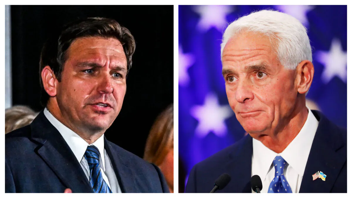 (Left) Florida Gov. Ron DeSantis speaks during a primary election night event in Hialeah, Fla., on Aug. 23, 2022. (Right) Florida Gubernatorial candidate Rep. Charlie Crist (D-Fla.) gives a victory speech in the primary election at the Hilton St. Petersburg Bayfront in St. Petersburg, Fla., on Aug. 23, 2022. (Chandan Khanna, Octavio Jones/Getty Images)