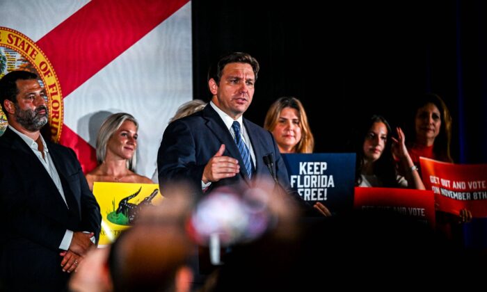 Florida Gov. Ron DeSantis (C) speaks during a primary election night event in Hialeah, Fla., on Aug. 23, 2022. (Chandan Khanna/AFP via Getty Images)