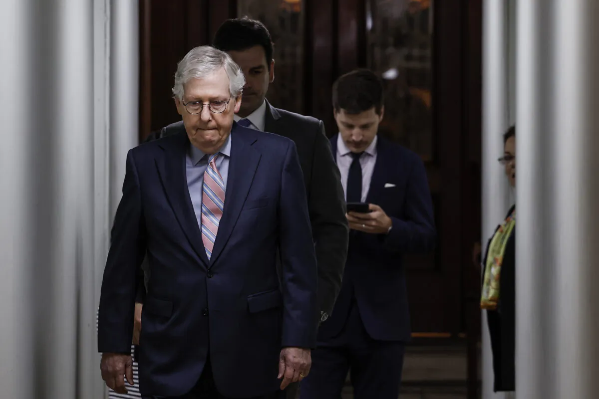 Senate Minority Leader Mitch McConnell (R-Ky.) walks back to his office in the U.S. Capitol Building in Washington on Aug. 3, 2022. (Anna Moneymaker/Getty Images)