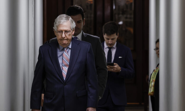 Senate Minority Leader Mitch McConnell (R-Ky.) walks back to his office in the U.S. Capitol Building in Washington on Aug. 3, 2022. (Anna Moneymaker/Getty Images)