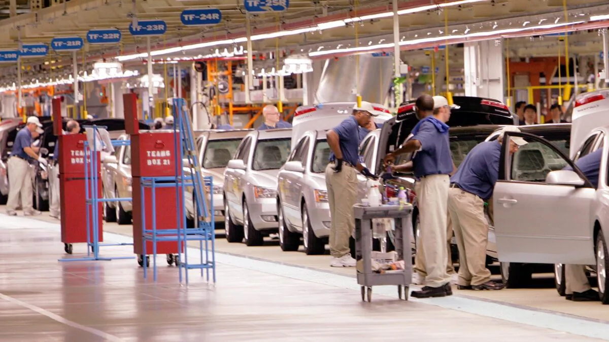 Hyundai's rolls down the assembly line during the grand opening ceremony of the South Korean auto manufacturer's plant in Montgomery, Alabama, on May 2005. (Robert Sullivan/AFP via Getty Images)