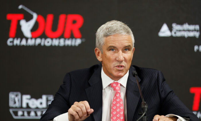 PGA Tour Commissioner Jay Monahan speaks during a press conference prior to the TOUR Championship at East Lake Golf Club in Atlanta on Aug. 24, 2022. (Cliff Hawkins/Getty Images)