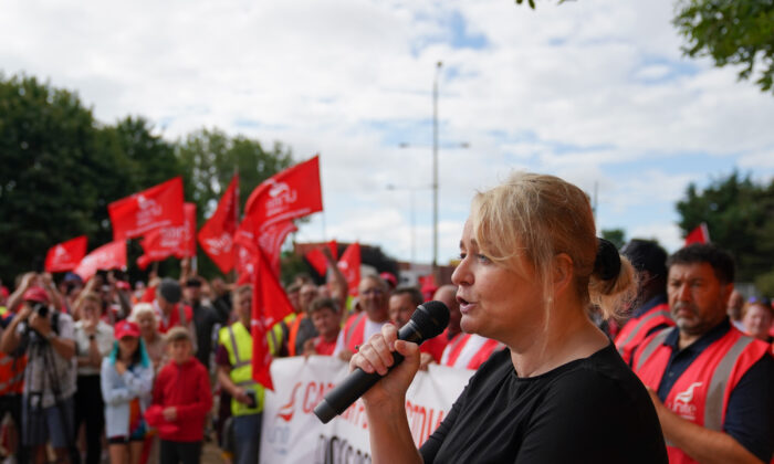 Unite General Secretary Sharon Graham speaks to her members on a picket line at one of the entrances to the Port of Felixstowe in Suffolk, England, on Aug. 24, 2022. (PA Media/Joe Giddens)