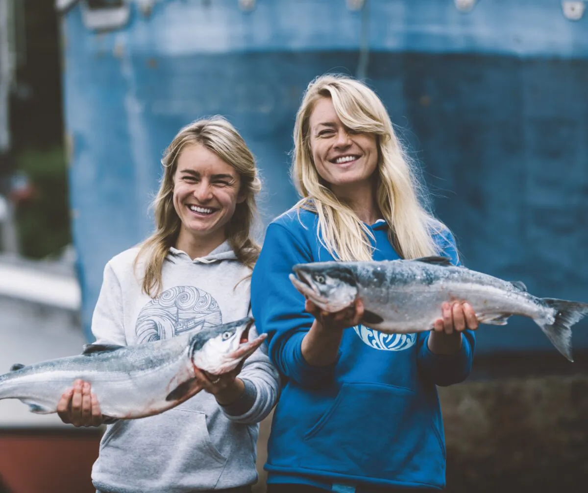 Sisters Claire
Neaton (L) and
Emma Teal Privat are
Alaskan fishermen
and co-founders of
Salmon Sisters, an
Alaskan fish and
nautical apparel
company. (Camrin Dengel)