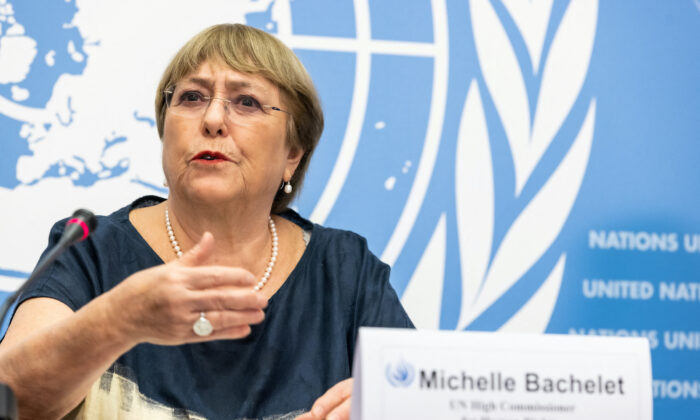 The United Nations High Commissioner for Human Rights Michelle Bachelet attends her final news conference before the end of her mandate at the U.N. in Geneva on Aug. 25, 2022. (Pierre Albouy/Reuters)