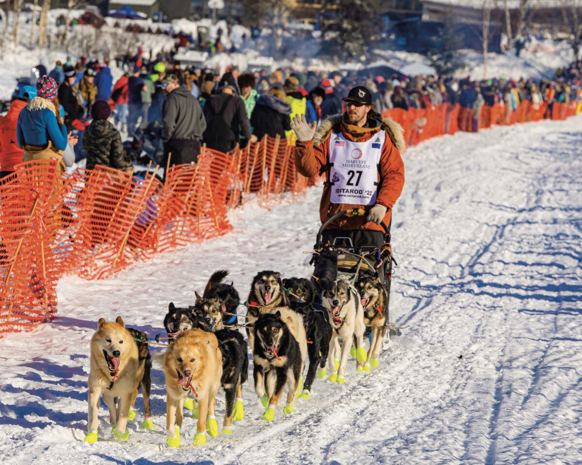 Sass and his team at the 2022 Iditarod
Trail Sled Dog Race. (Courtesy of Brent Sass)