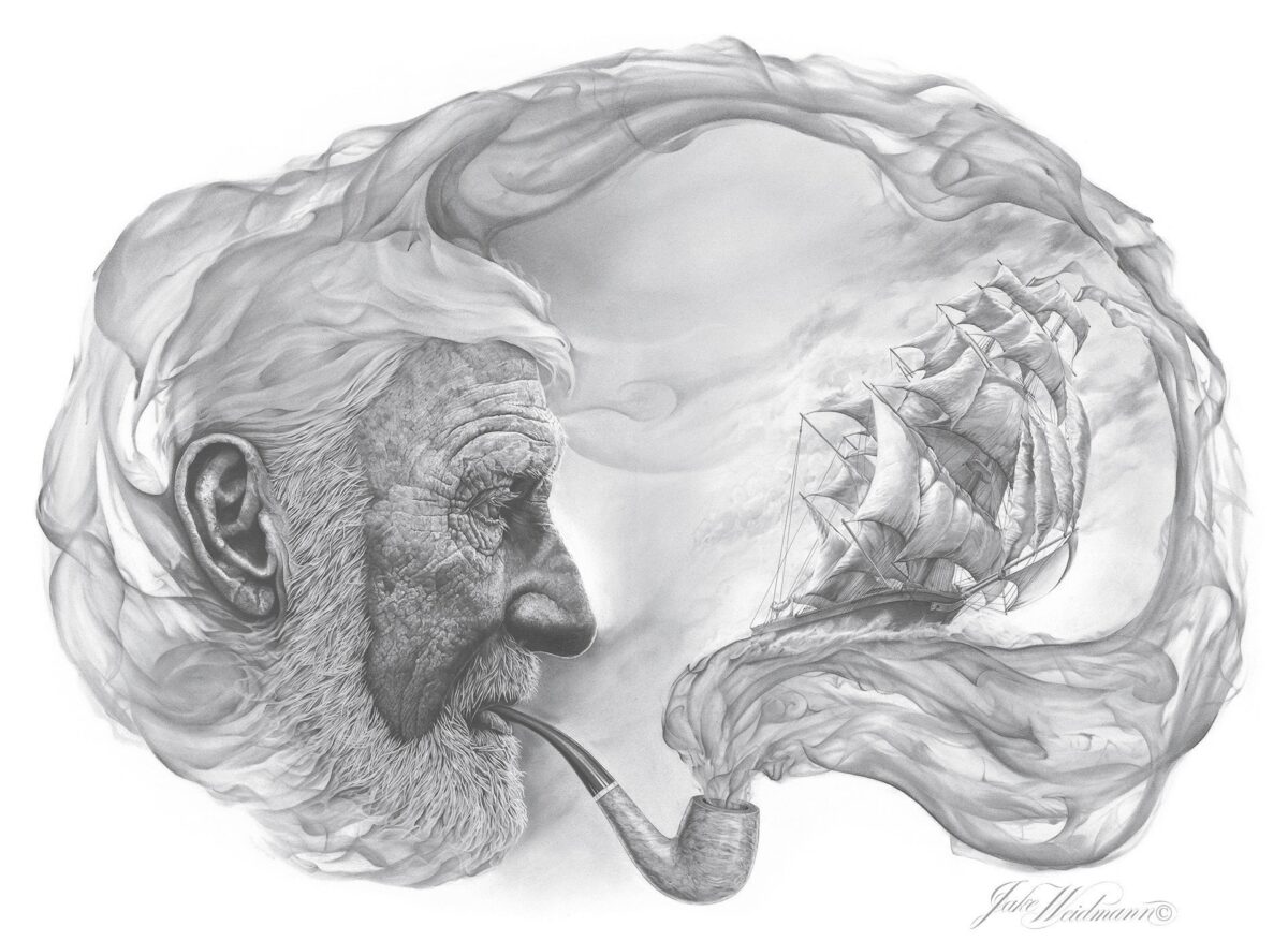 “Of
Smoke and Sea,” a
pencil and charcoal
drawing of an old
sailor reminiscing
about his adventures
at sea. (Courtesy of Jake Weidmann)