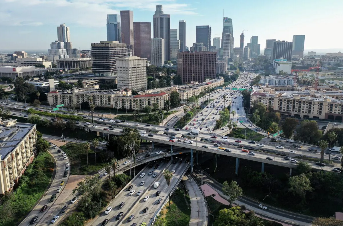 An aerial view of vehicles driving near downtown in Los Angeles, California, on April 4, 2022. (Mario Tama/Getty Images)