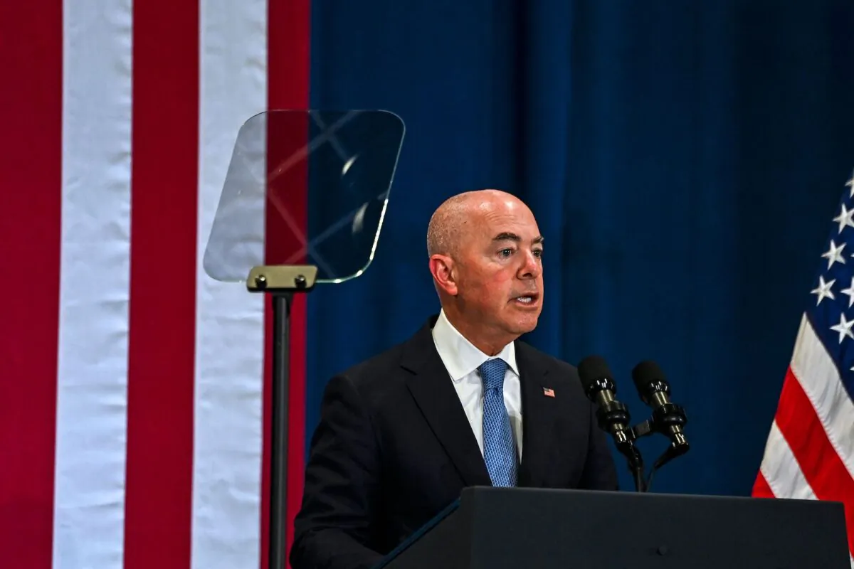 Secretary of the Department of Homeland Security Alejandro Mayorkas speaks during an event on funding climate resilience at Florida International University in Miami, Fla., on Aug. 1, 2022. (Chandan Khanna/AFP via Getty Images)