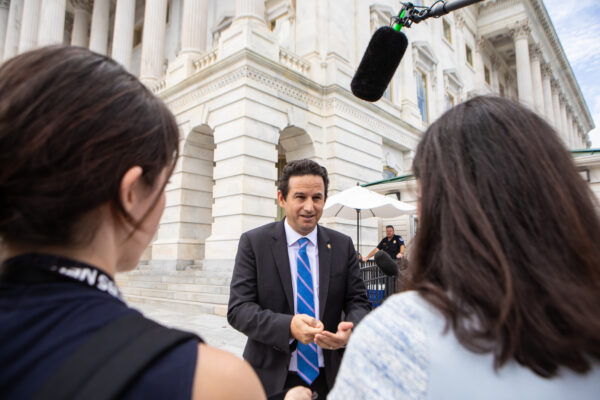 Sen. Brian Schatz (D-Hawaii) speaks to reporters on Capitol Hill, on August 6, 2022. (Anna Rose Layden/Getty Images)