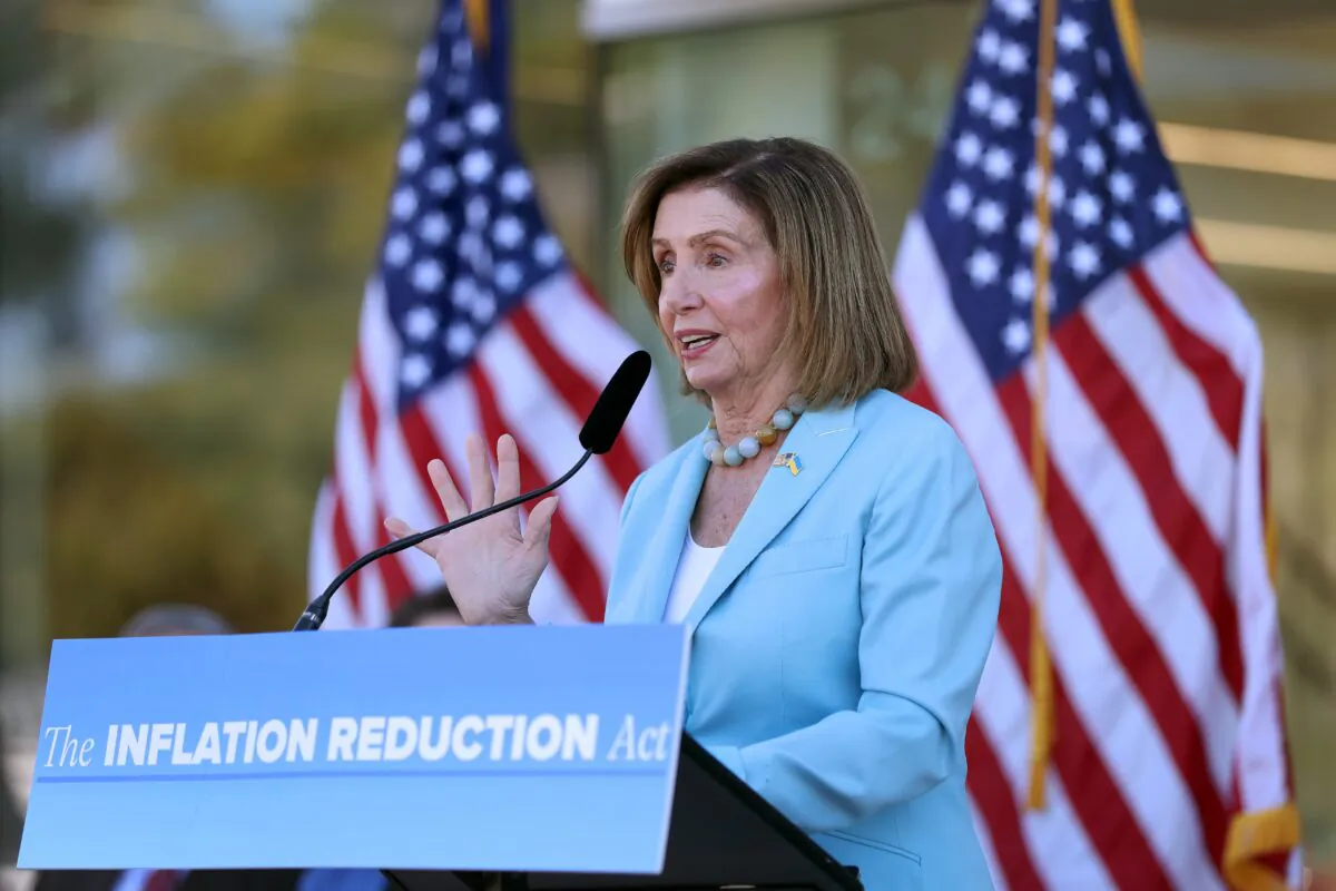 U.S. Speaker of the House Nancy Pelosi (D-Calif.) speaks during a press conference promoting the Inflation Reduction Act at Southeast Health Center Clinic in San Francisco on Aug. 24, 2022. (Justin Sullivan/Getty Images)