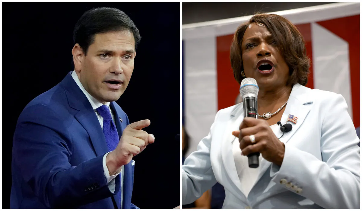 (Left) Sen. Marco Rubio (R-Fla.), at the Conservative Political Action Conference in Orlando, Fla., on Feb. 25, 2022. (John Raoux/AP Photo); (Right) U.S. Rep. Val Demings (D-Fla.) at an election-night event in downtown Orlando, Florida, on Aug. 23, 2022. (Joe Raedle/Getty Images)
