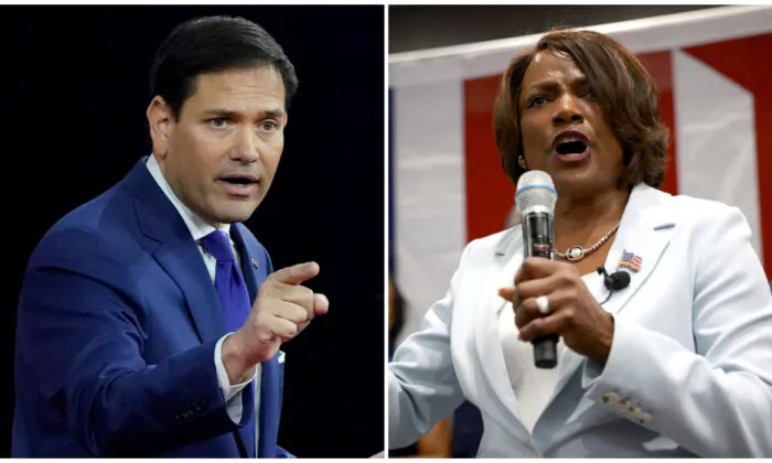 (Left) Sen. Marco Rubio (R-Fla.), at the Conservative Political Action Conference in Orlando, Fla., on Feb. 25, 2022. (John Raoux/AP Photo); (Right) U.S. Rep. Val Demings (D-Fla.) at an election-night event in downtown Orlando, Florida, on Aug. 23, 2022. (Joe Raedle/Getty Images)