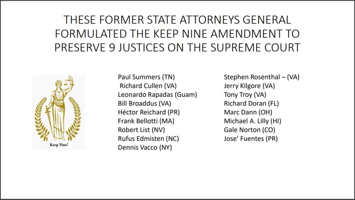 List of Attorneys General who support the Keep Nine Amendment, which would amend the United States Constitution to prohibit the expansion or reduction to the number of justices serving on the United States Supreme Court. 
