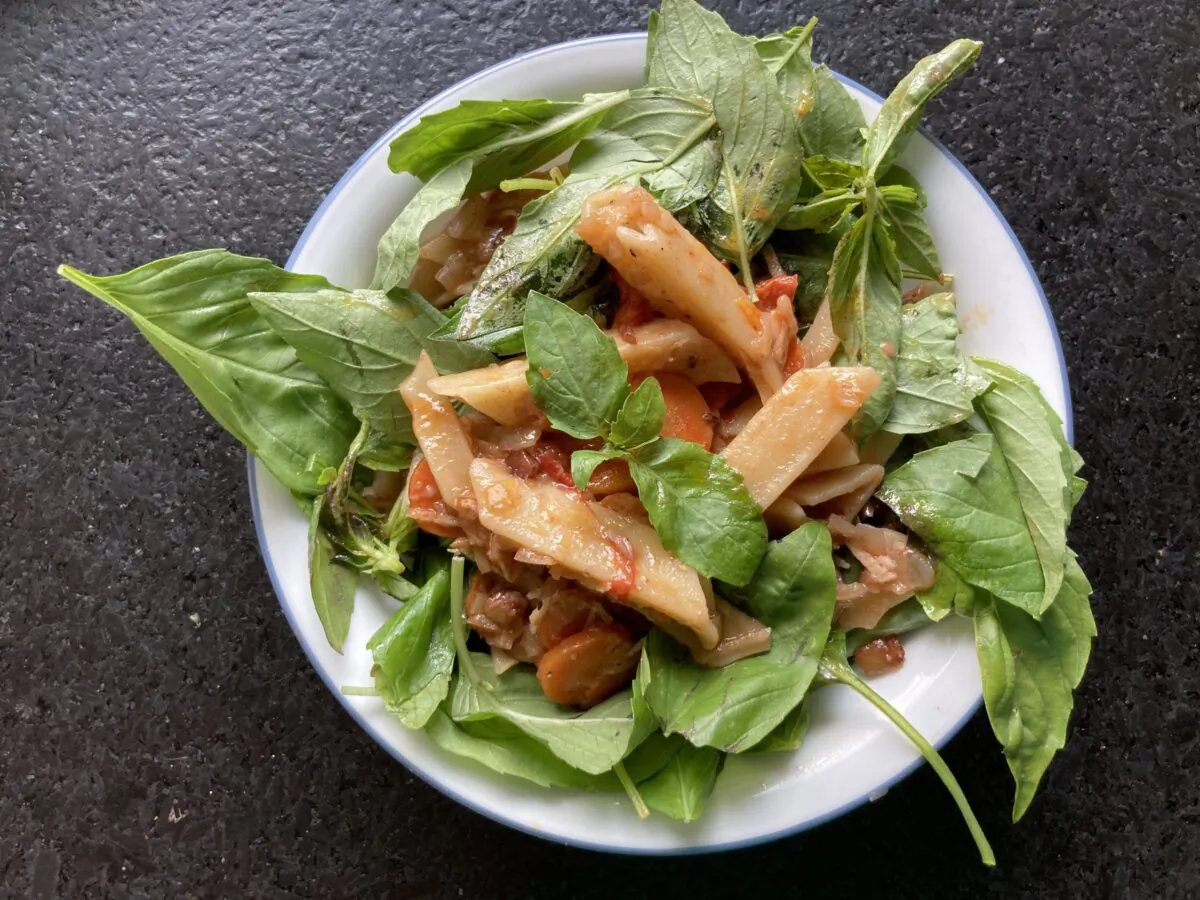 This summery pasta is best smothered with fresh basil. (Ari LeVaux)