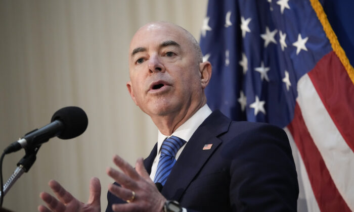 U.S. Homeland Security Secretary Alejandro Mayorkas speaks during a news conference at the National Press Club in Washington, on Sept. 9, 2021. (Drew Angerer/Getty Images)