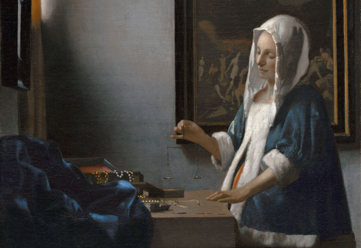 Detail of “Woman Holding a Balance,” circa 1664, by Johannes Vermeer. Oil on canvas; 15 5/8 inches by 14 inches. National Gallery of Art, Washington D.C. (Public Domain)