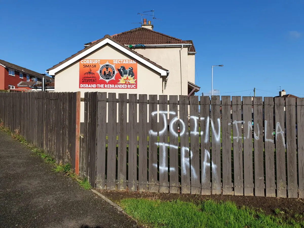 Graffiti on a fence in a republican housing estate in Londonderry, Northern Ireland, in October 2019. (Chris Summers/The Epoch Times)