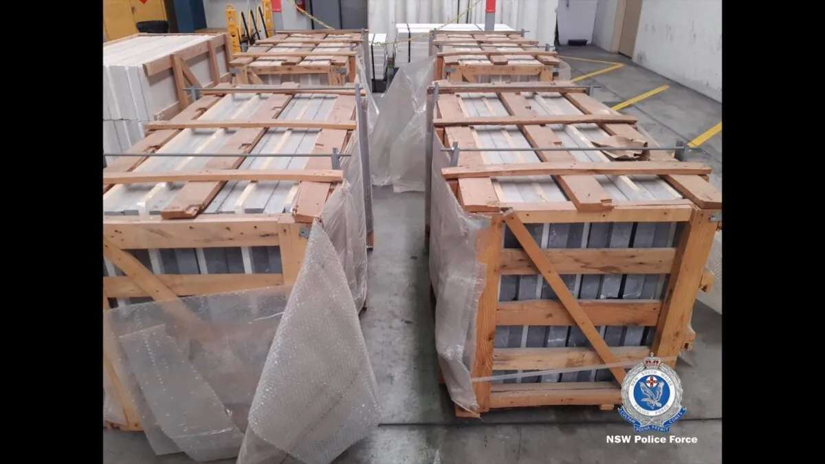 A supplied undated image obtained Friday, August 26, 2022 shows sea cargo containers seized at Port Botany in Sydney. (AAP Image/Supplied by NSW Police) 