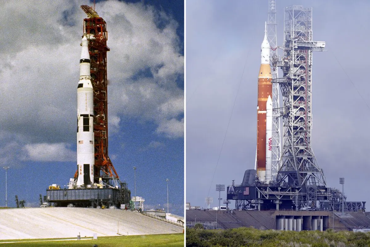 (Left) The Saturn V rocket with Apollo 12's spacecraft aboard on the launch pad at the Kennedy Space Center in 1969. (Right) NASA's new moon rocket for the Artemis program with the Orion spacecraft on top at the Kennedy Space Center in Cape Canaveral, Fla., on March 18, 2022. (AP Photo)