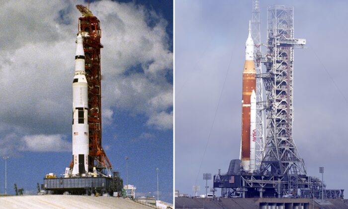 (Left) The Saturn V rocket with Apollo 12's spacecraft aboard on the launch pad at the Kennedy Space Center in 1969. (Right) NASA's new moon rocket for the Artemis program with the Orion spacecraft on top at the Kennedy Space Center in Cape Canaveral, Fla., on March 18, 2022. (AP Photo)