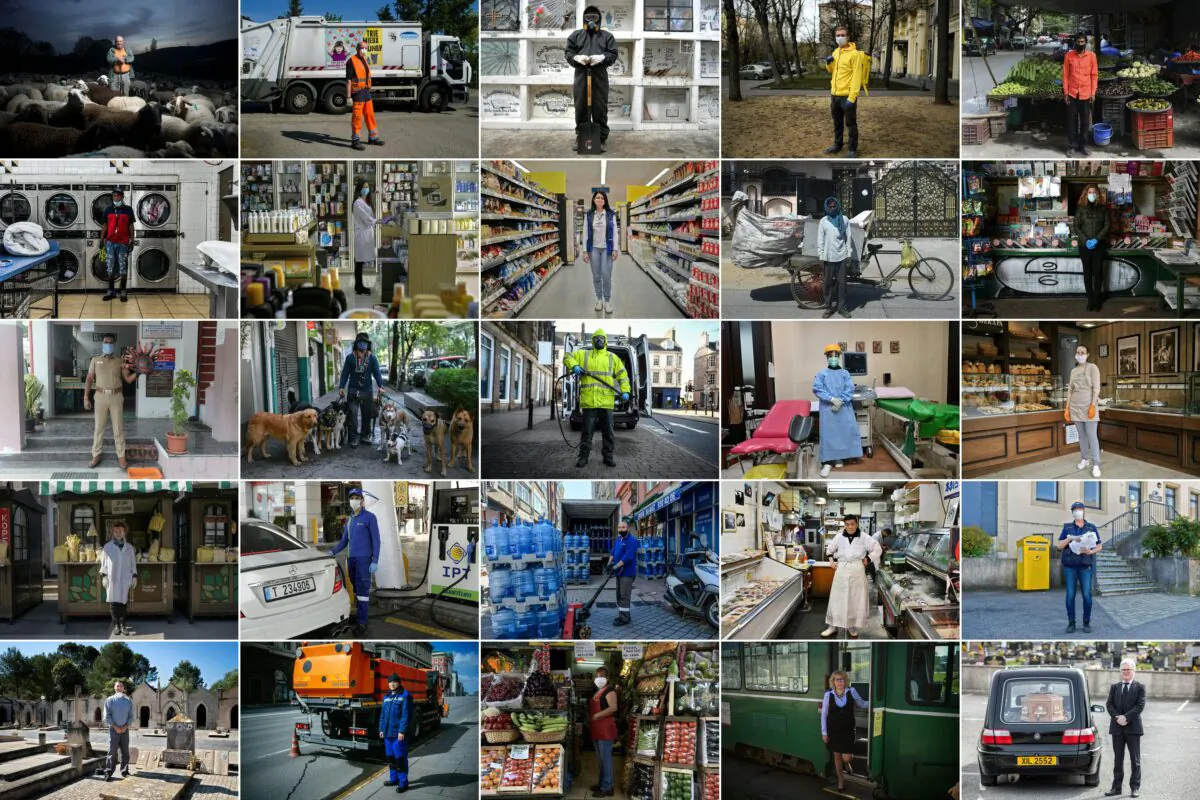 This combination of pictures created on April 26, 2020 during the COVID-19 coronavirus pandemic shows various workers from different countries. (Jorge Guerrero, Sebastien Bozon, Jose Sanchez, Kirill Kudryavtsev, Sajjad Hussain, Chandan Khanna, Joseph Eid, Vladimir Zivojinovic, Money Sharma, Miguel Medina, Arun Sankar, Pedro Pardo, Andy Buchanan, Adek Berry, Bulent Kilic, Charly Triballeau, Jean-Christophe Verhaegen, Jaime Reina, Dimitar Dilkoff, Juan Mabromata, Nikolay Doychinov, Paul Faith/AFP via Getty Images)