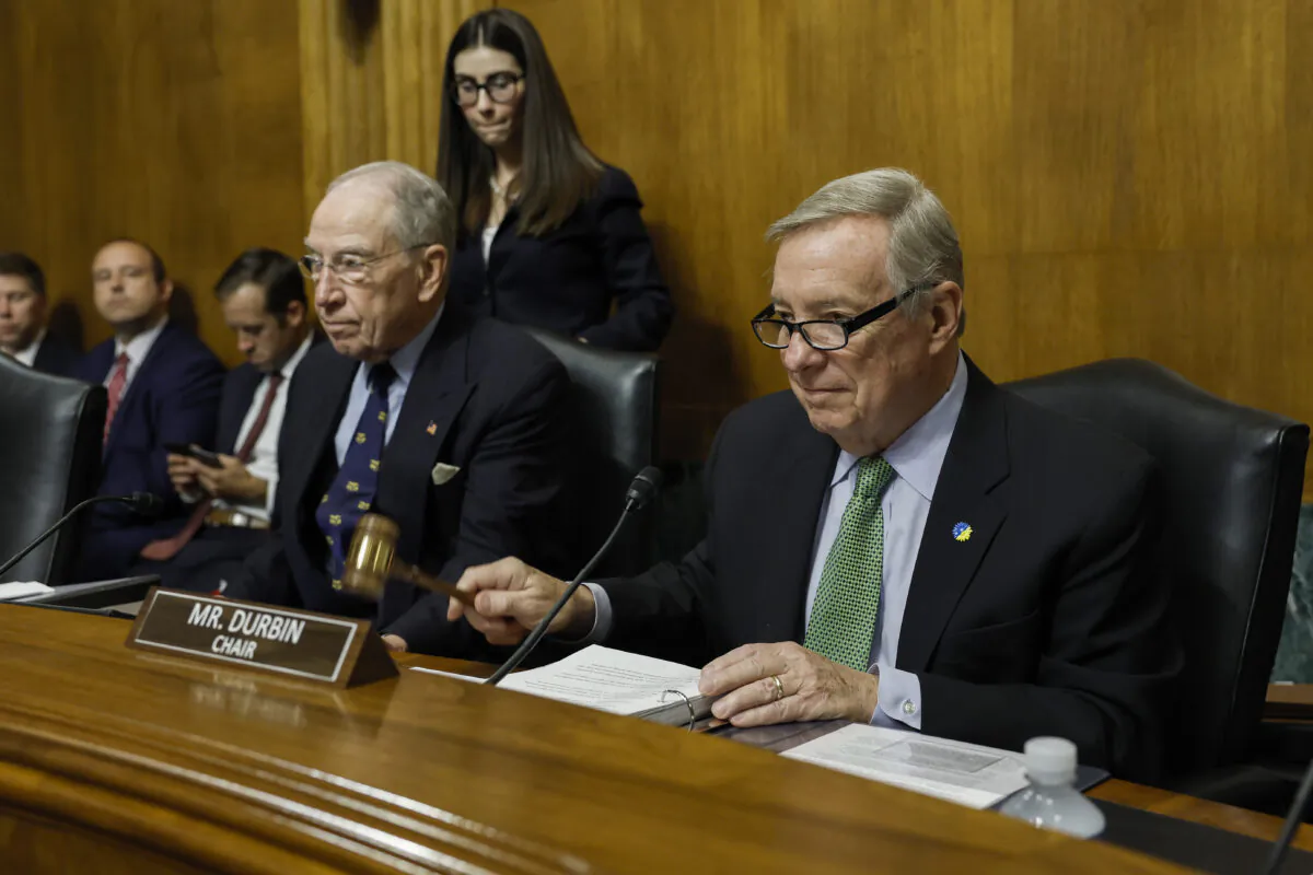 Senate Judiciary Ranking Member Chuck Grassley (R-Iowa) and Senate Judiciary Committee Chairman Richard Durbin (D-Ill.) look on during a hearing on "Protecting America’s Children From Gun Violence" with the Senate Judiciary Committee at the U.S. Capitol in Washington on June 15, 2022. (Anna Moneymaker/Getty Images)
