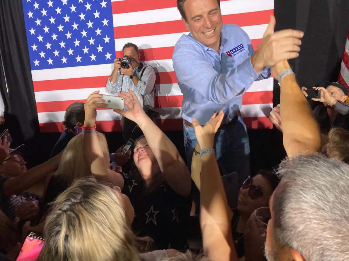 Republican Nevada U.S. Senate candidate Adam Laxalt greets supporters at a June 10 rally in Las Vegas before winning his GOP primary to take on incumbent Democrat Sen. Catherine Cortez Masto (D-Nevada) in November. (John Haughey/The Epoch Times)