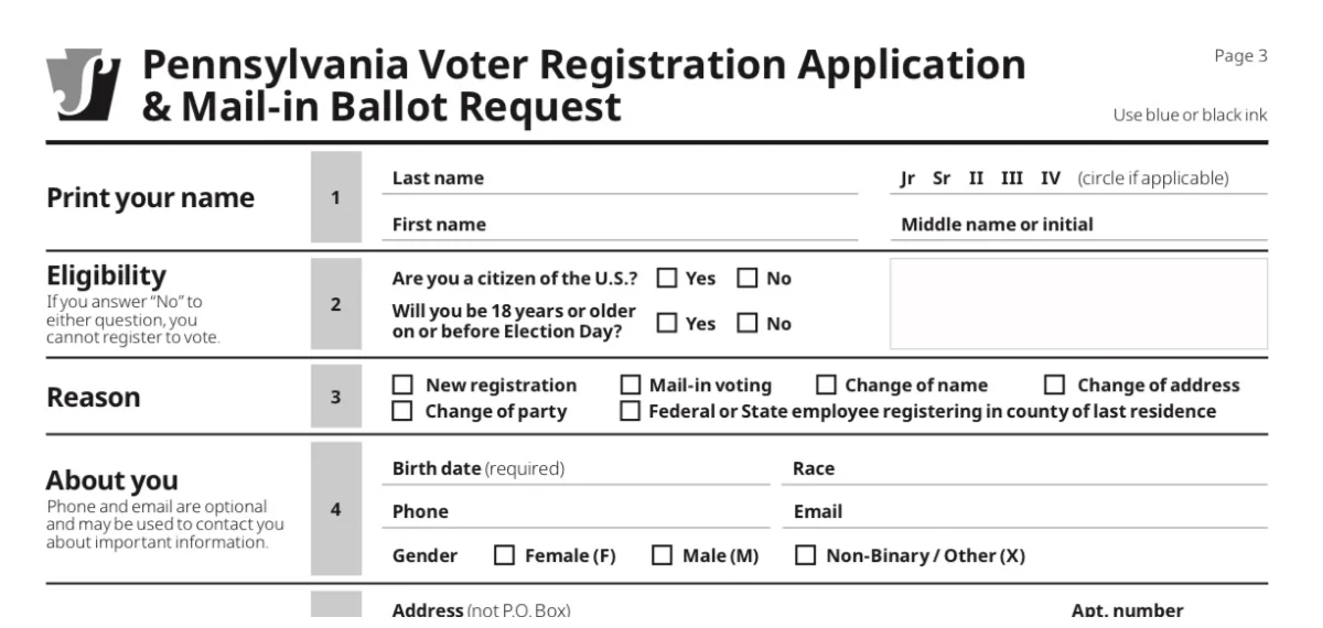 A portion of the newly combined Pennsylvania voter registration application
and mail-in ballot request form introduced just 11 weeks before the Nov. 8 midterm elections. (Pennsylvania Department of State)