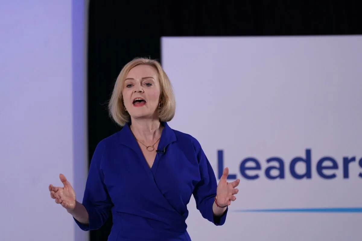 Liz Truss talks during a Conservative Party leadership election hustings event in Norwich, England, on Aug. 25, 2022. (Joe Giddens/PA Media)