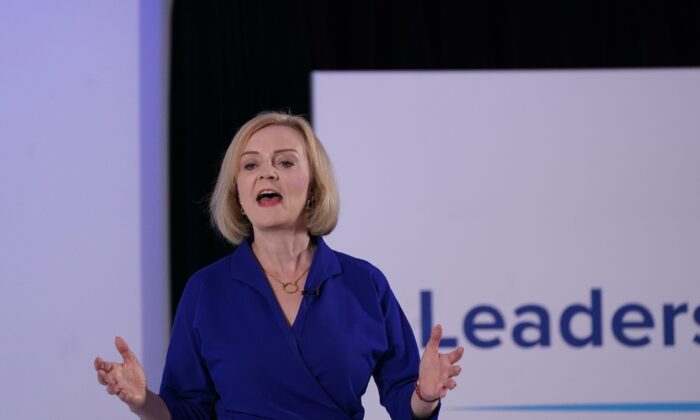 Liz Truss talks during a Conservative Party leadership election hustings event in Norwich, England, on Aug. 25, 2022. (Joe Giddens/PA Media)