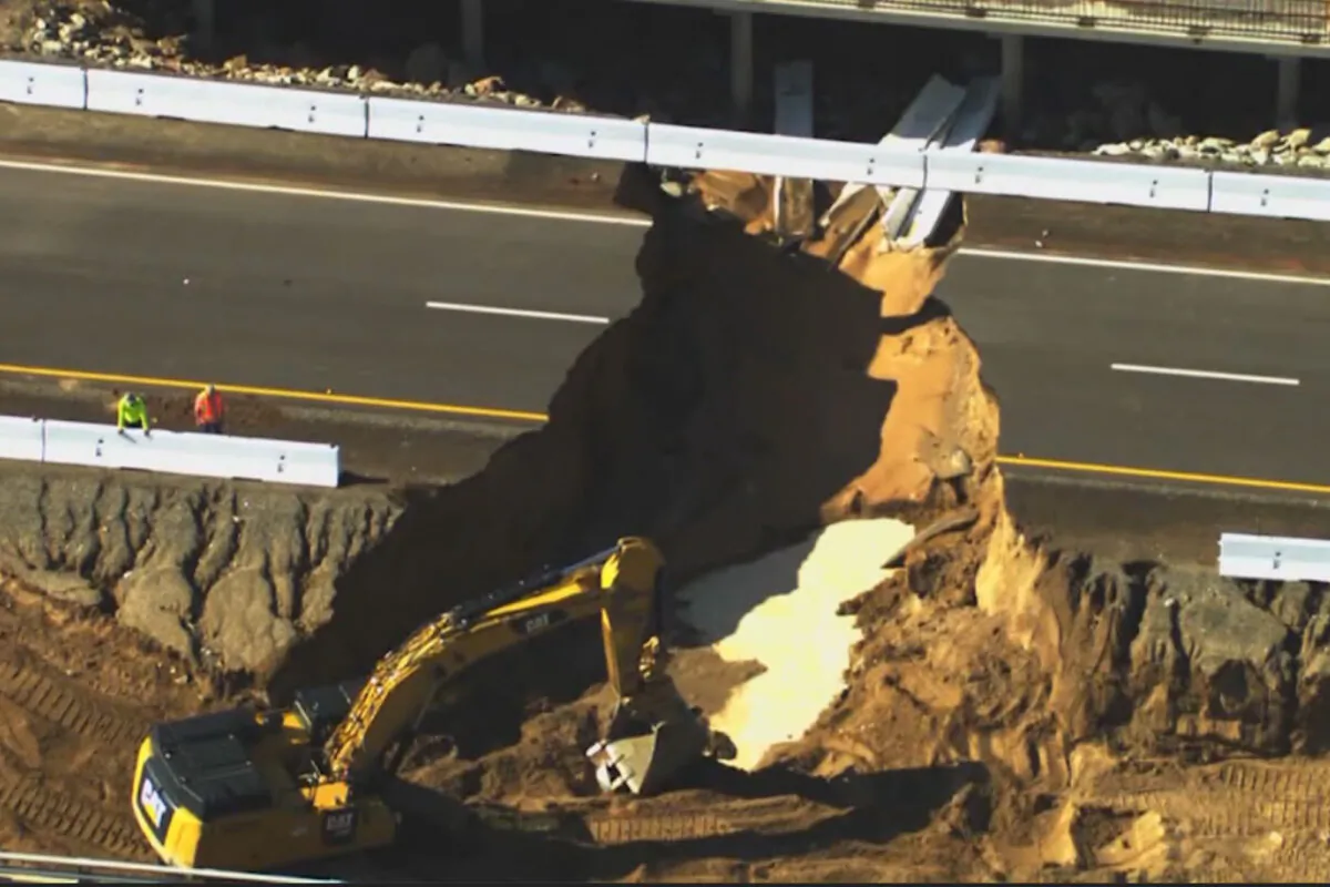 A washed out section of Interstate 10 near Desert Center, Calif., on Aug. 25, 2022. (Fox 11 Los Angeles via AP)