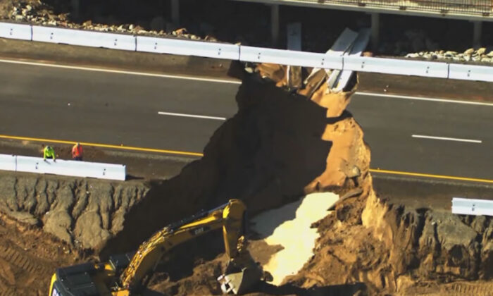 A washed out section of Interstate 10 near Desert Center, Calif., on Aug. 25, 2022. (Fox 11 Los Angeles via AP)