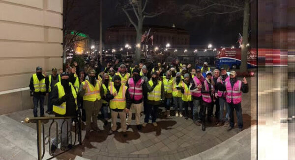 Members of the patriot group, Guardians for Freedom, who answered the request from the United States Secret Service to assist with crowd control. They were all supplied brightly colored vests. 