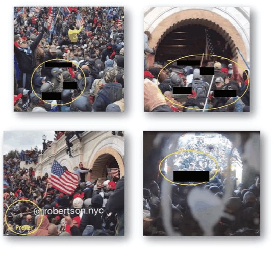 Screenshots of images from criminal complaint of people alleged to be Guardians for Freedom members, described by the government as a "militia-style" organization. Five members were arrested for their alleged participation in the breach of the Capitol on January 6, 2021. 