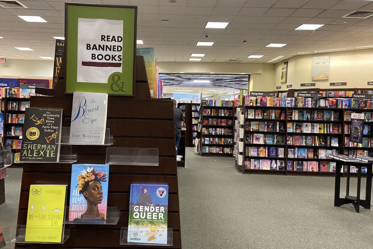 A rack in the Barnes & Noble bookstore at the Tysons Corner Shopping Mall promotes "banned books" in McLean, Va., on Aug. 27, 2022. (Terri Wu/The Epoch Times)