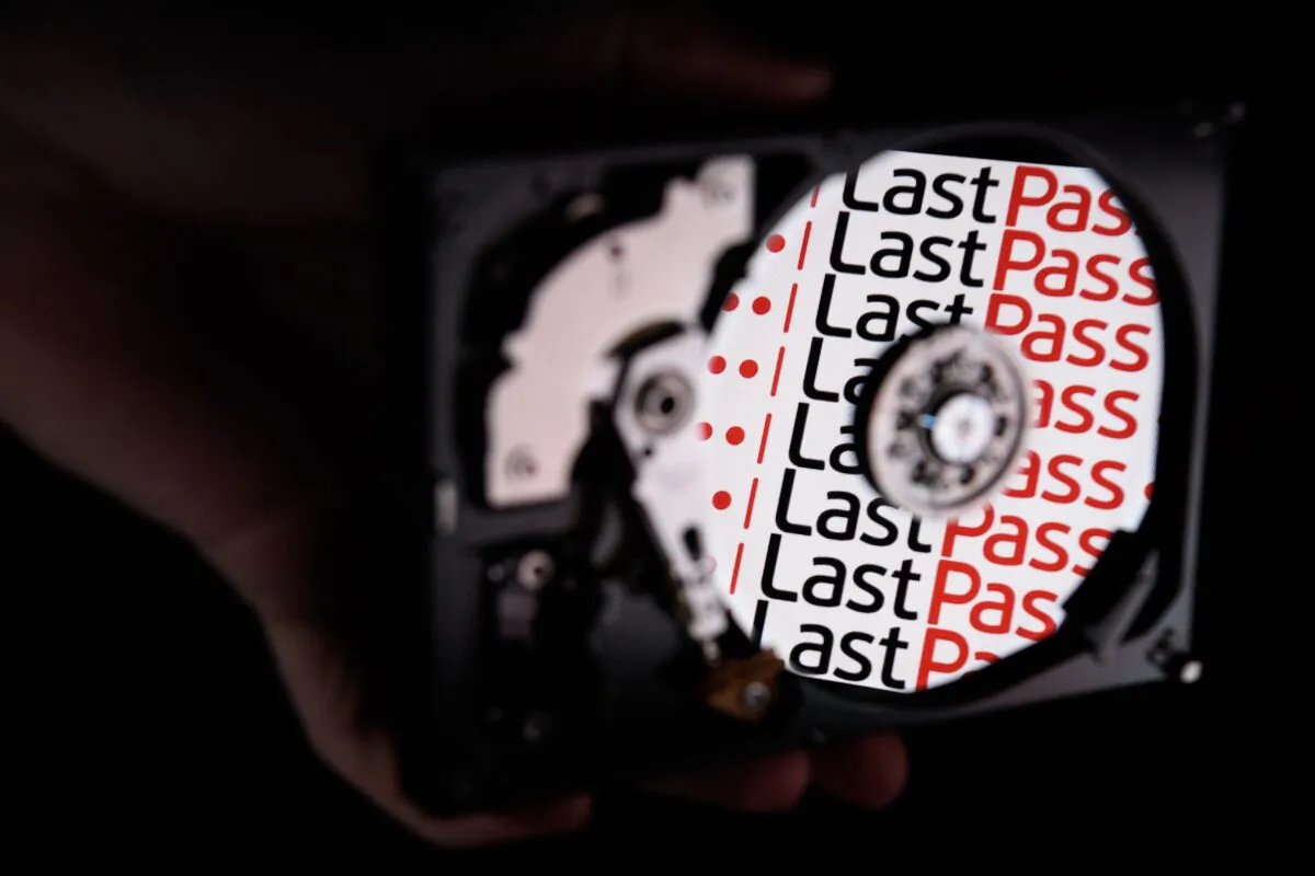 The logo for online password manager service LastPass is reflected on the internal discs of a hard drive in London, on Aug. 9, 2017. (Leon Neal/Getty Images)