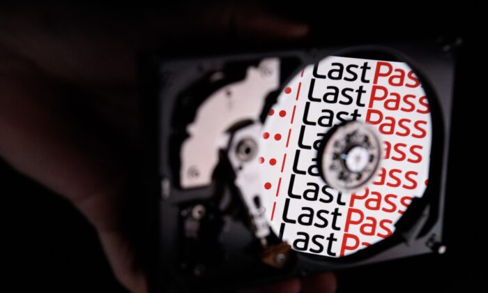 The logo for online password manager service "LastPass" is reflected on the internal discs of a hard drive in London on Aug. 9, 2017. (Leon Neal/Getty Images)