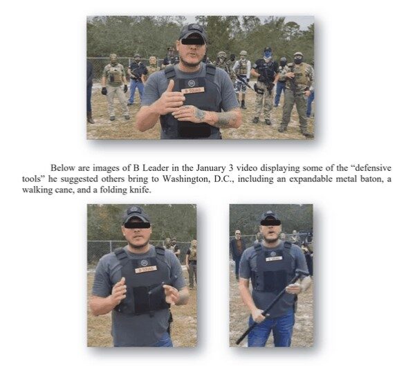 Screenshot of images taken from video tutorial filmed by an unnamed man suspected to be Jeremy Liggett advising people to bring "defensive tools" to Washington, D.C. on January 6, 2021.