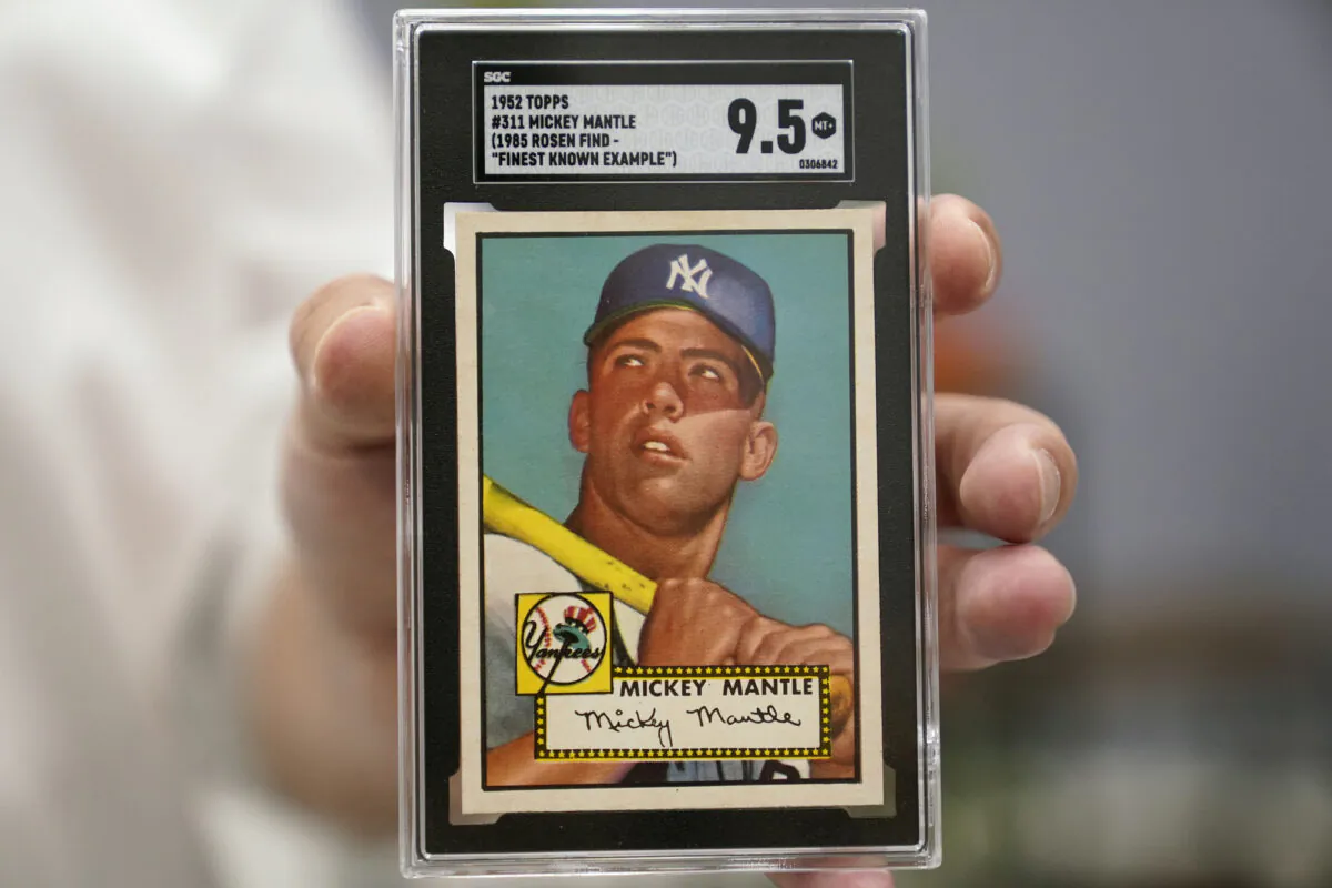 A Mickey Mantle baseball card at Heritage Auctions in Dallas on July 21, 2022. (LM Otero/AP Photo)