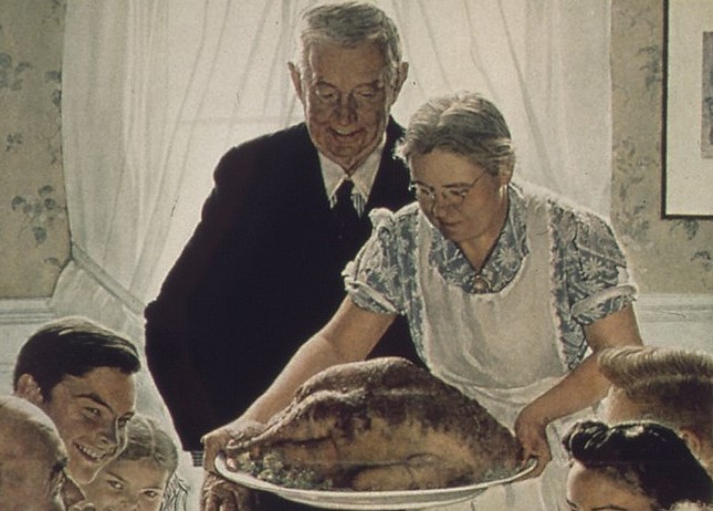 Detail of "Freedom From Want," 1943, by Norman Rockwell which shows a family sitting down to a holiday meal. National Archives. (Public Domain)