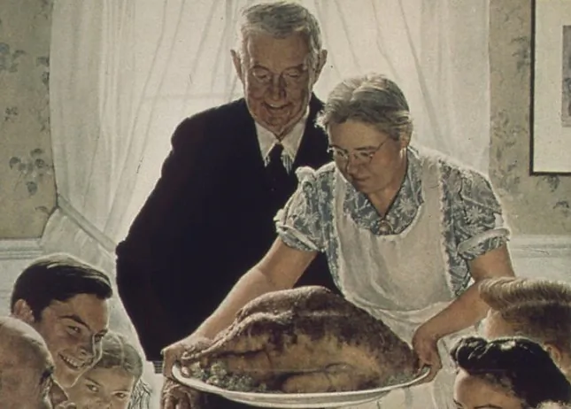 Detail of "Freedom From Want," 1943, by Norman Rockwell which shows a family sitting down to a holiday meal. National Archives. (Public Domain)