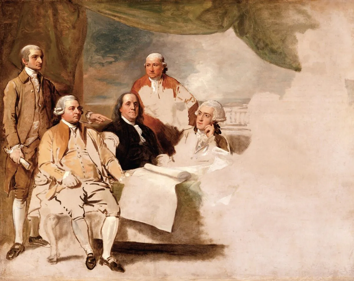 Unfinished oil
sketch of “American
Commissioners of the
Preliminary Peace
Agreement With Great
Britain” by Benjamin
West, 1783 to 1784.
From left to right:
John Jay, John Adams,
Benjamin Franklin,
Henry Laurens, and
William Temple
Franklin. (Public domain)