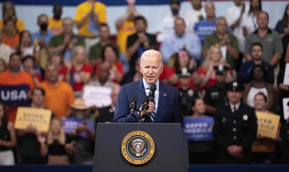 US President Joe Biden speaks at Wilkes University in Wilkes-Barre, Pa, on August 30, 2022. (Jim Watson/AFP via Getty Images)