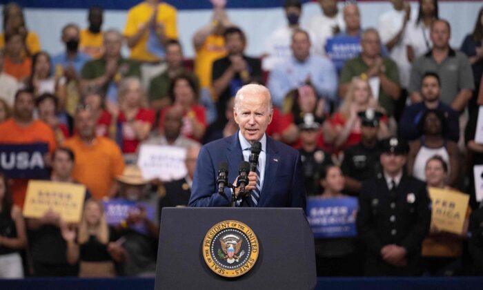 US President Joe Biden speaks at Wilkes University in Wilkes-Barre, Pa, on August 30, 2022. (Jim Watson/AFP via Getty Images)
