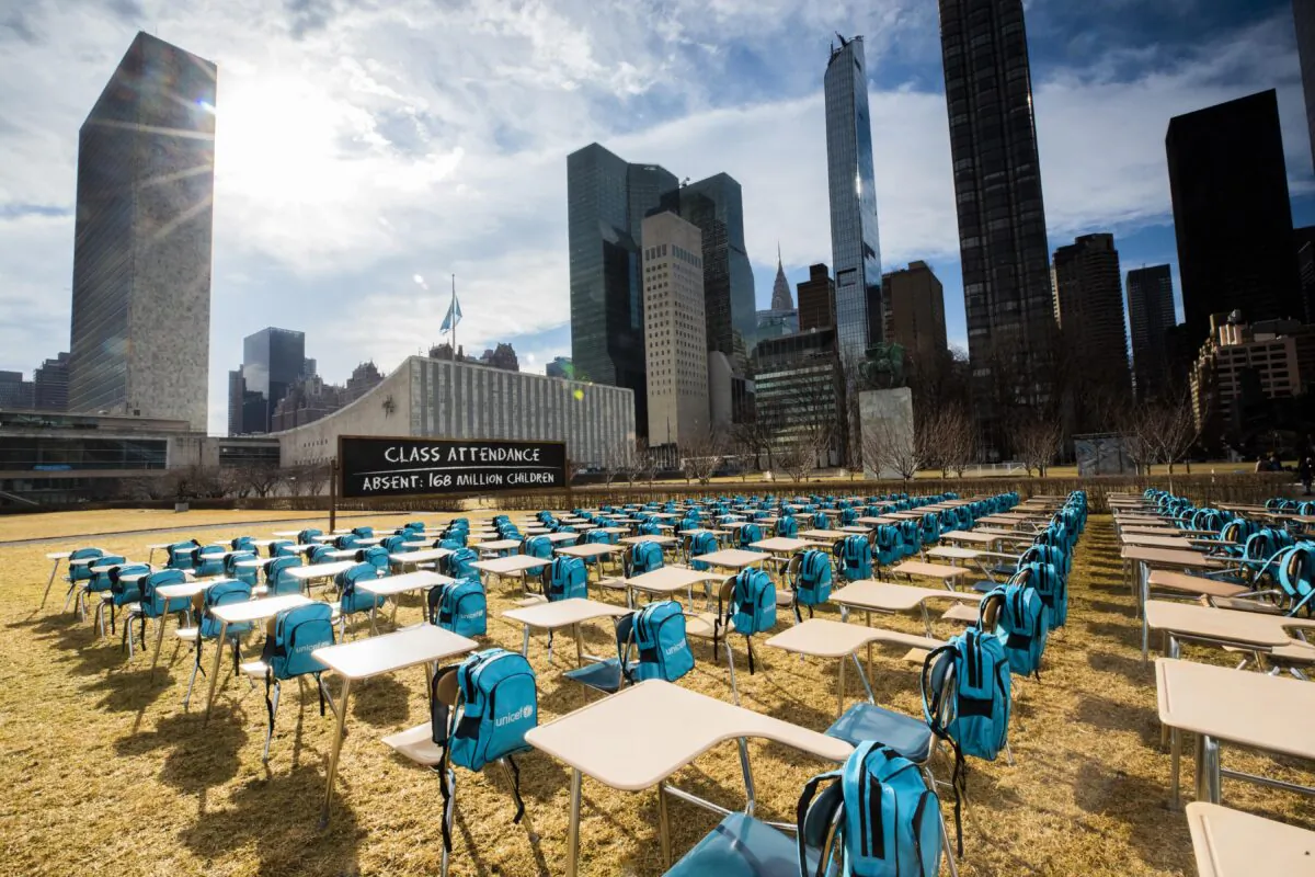 To call attention to the education emergency wrought by the COVID-19 pandemic, and to and raise awareness of the need for governments to keep schools open, UNICEF unveiled “Pandemic Classroom”—a model classroom made up of 168 empty desks, each seat representing one million children living in countries where schools have been almost entirely closed since the onset of lockdowns, at the U.N. Headquarters in New York City, on March 3, 2021. (Chris Farber/UNICEF via Getty Images)