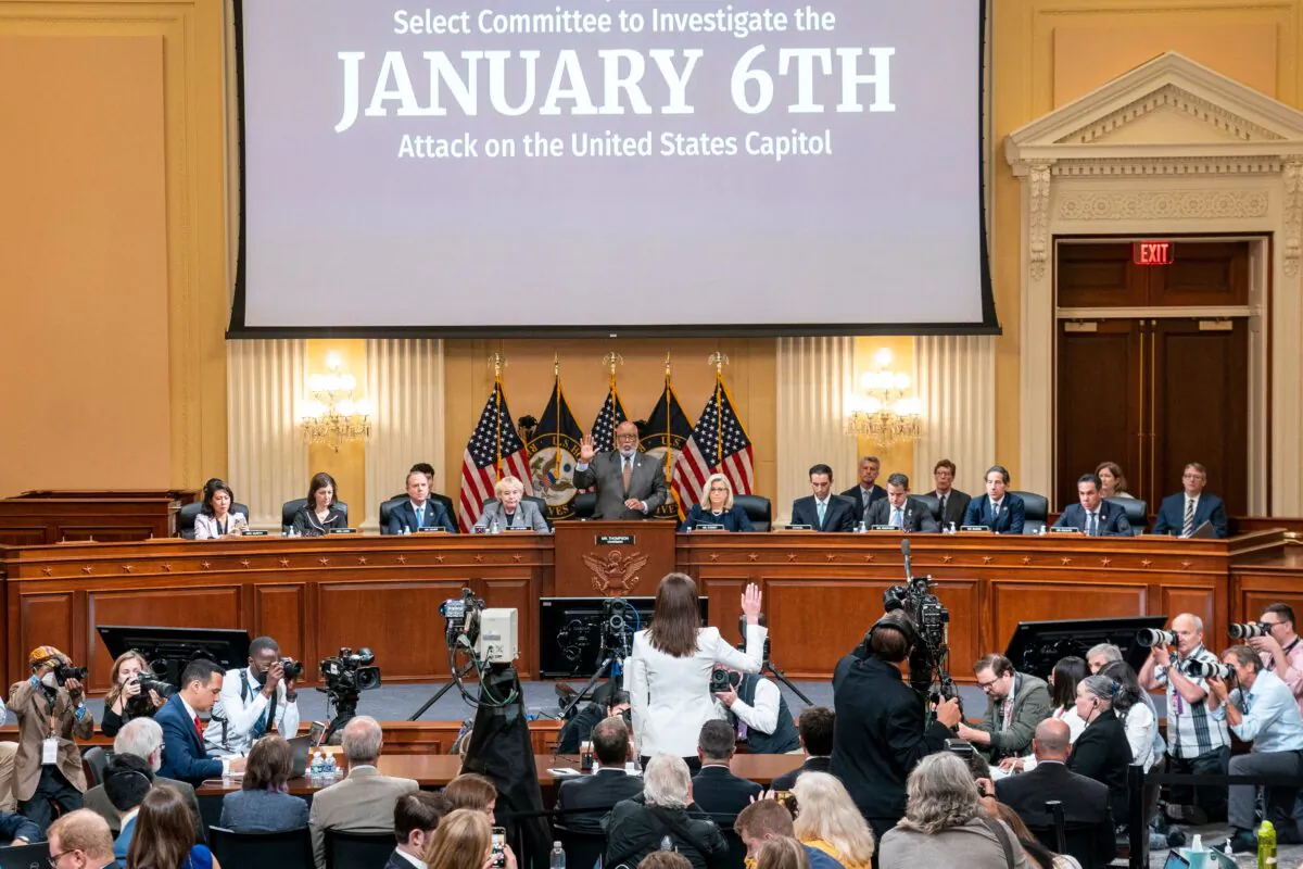 Cassidy Hutchinson, former aide to Trump White House chief of staff Mark Meadows, is sworn in to testify as the House select committee investigating the Jan. 6 breach on the U.S. Capitol holds a hearing at the Capitol in Washington, on June 28, 2022. (Shawn Thew/AFP via Getty Images)