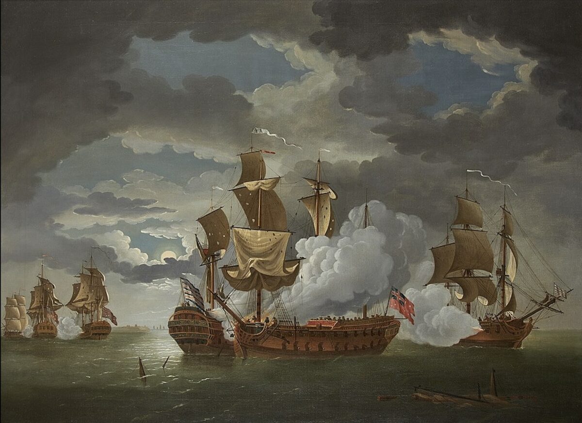 Oil painting of the frigates
Bonhomme Richard (Capt. John
Paul Jones) and HMS Serapis
during the 1779 Battle of
Flamborough Head, by Richard
Paton, 1780. (Public domain)